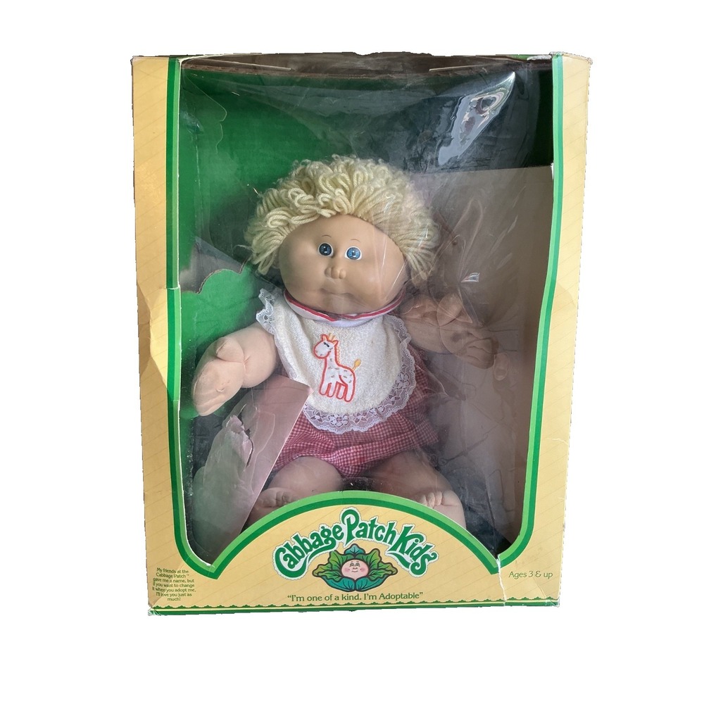 Cabbage Patch Kids 1980s Blonde Curly Short Hair Blue Eyes Doll Yetta Papers Box